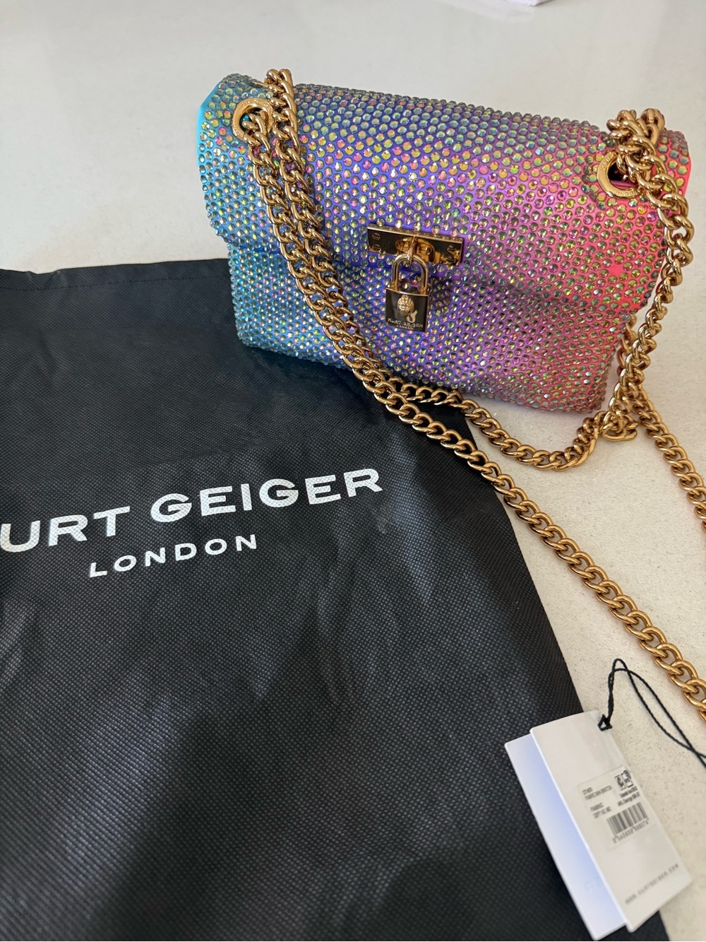 Kurt Geiger Iridescent Crystal Embellished Chain Shoulder Bag - Blue Pink Purple
